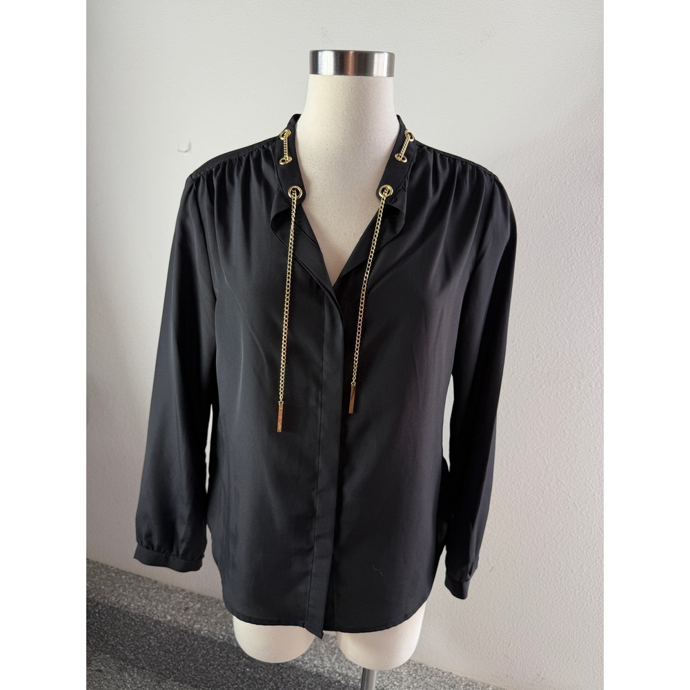 Michael Kors Womens Petite Large Black Chain Neck Long Sleeve Blouse Top Shirt